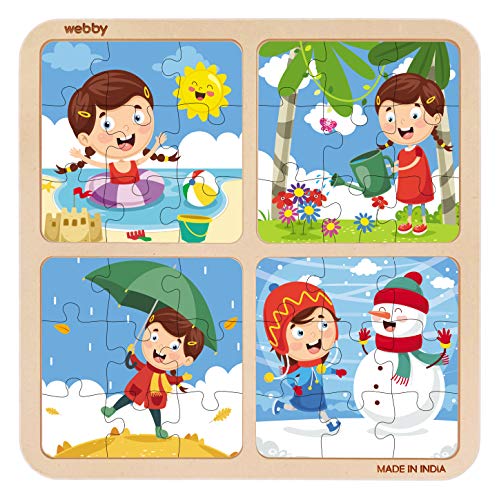 Puzzle en bois 4 en 1 Webby, saisons et météo, 36 grandes pièces