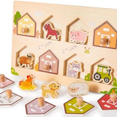 Puzzle en bois à portes de grange HYAKIDS, animaux de la ferme