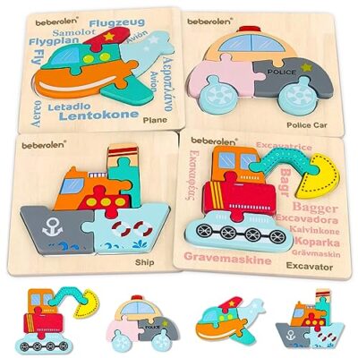 Puzzle en bois Beberolen, lot de 4 véhicules avec cadre illustré