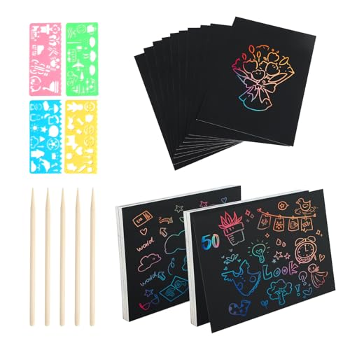 Set à gratter arc-en-ciel SZEBISOA, 50 cartes, 5 stylos en bois