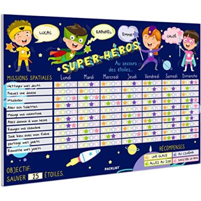 Tableau de récompenses PACKLIST, missions de super-héros pour 4 enfants