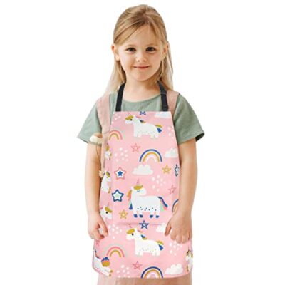 Tablier enfant FUKPO à motif licorne rose, réglable, avec poches