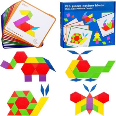 Tangram en bois JOYVOVO, 155 pièces colorées et 12 cartes modèles