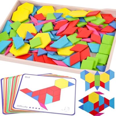 Tangram en bois YUNHENTONG, 155 pièces et 12 cartes recto-verso
