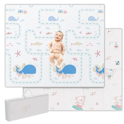 Tapis de jeu bébé Lertantri XXL pliable, motif baleines, 200 x 180 cm