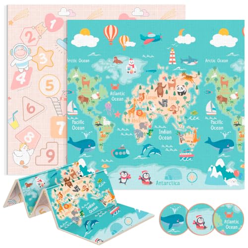Tapis de jeu pliable et réversible JUPPLIES, 200 x 180 cm, Continents