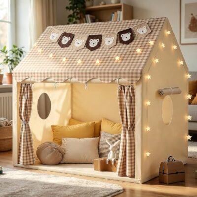 Tente tipi enfant MUHMUH kaki avec guirlande de lumières étoilées