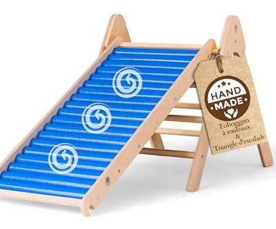 Toboggan d’intérieur à rouleaux et triangle d’escalade WoodsCraft en pin