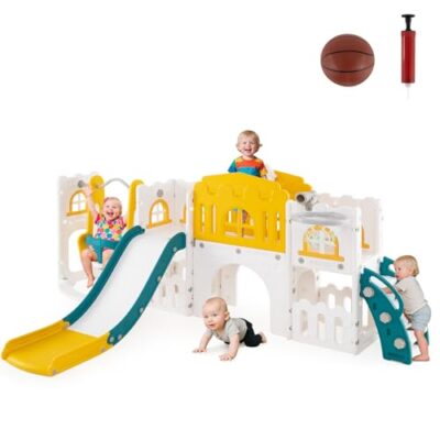Toboggan pliable HOMASIS avec balançoire et panier de basket