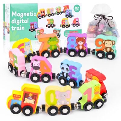 Train en bois magnétique Zenovate avec chiffres et animaux