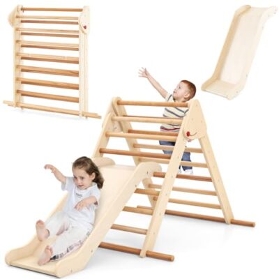 Triangle à grimper pliable HOMASIS avec toboggan et échelle, en hêtre