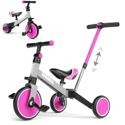 Tricycle évolutif rose KORIMEFA 4 en 1, roues arrière rabattables