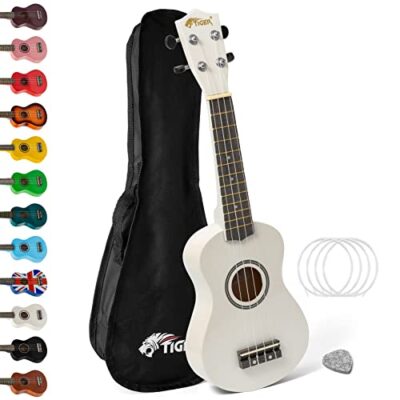 Ukulélé soprano blanc Tiger avec sac, cordes Aquila et médiator